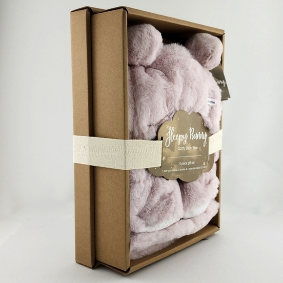 Sleepy Bunny Comfy Pink Baby Wear Super Plush 4pc Gift Set Beanie Boots Blanket - Picture 2 of 11